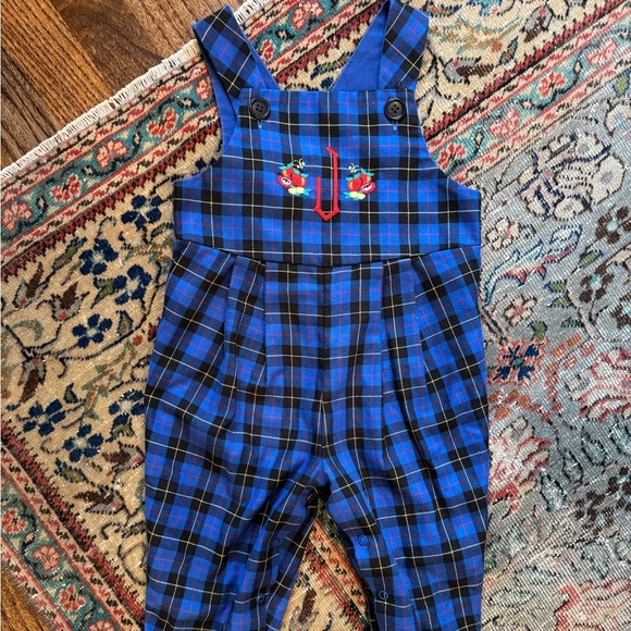 Vintage Fast Friends “J” Monogram Embroidered Bee and Apples Blue Plaid Overalls - Picture 2 of 8